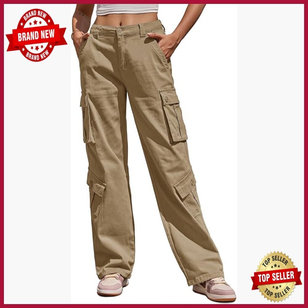 High Waisted Cargo Pants with 8 Pockets, Wide Leg Casual Trousers